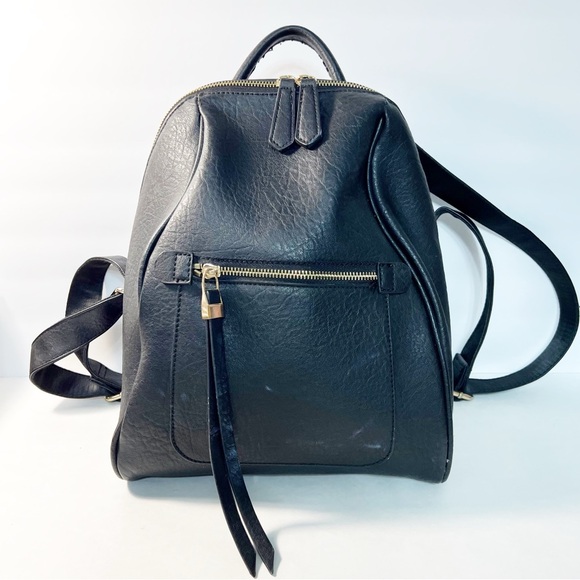 Black PU Leather Backpack Purse with Gold Hardware & Striped Lining - Picture 1 of 12